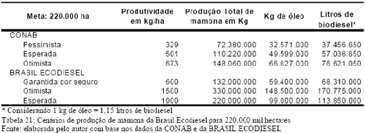 Cen&aacute;rios de produ&ccedil;&atilde;o de mamona da Brasil Ecodiesel para 220.000 mil hectares