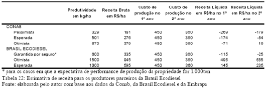 Estimativa de receita para os produtores parceiros da Brasil Ecodiesel